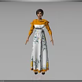 Elegant Female Character In White Long Dress With Green Blue Floral Patterns And Orange Trims
