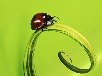 Red Ladybug Perched On Curled Green Plant Stem With Green Background 3d model