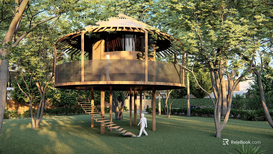 Wooden Treehouse Road Facilities Staircase With Round Roof Surrounding Trees And Lawn 3d model 