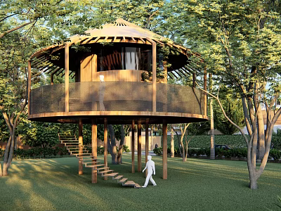 Wooden Treehouse Road Facilities Staircase With Round Roof Surrounding Trees And Lawn 3d model