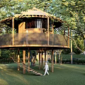 Wooden Treehouse Road Facilities Staircase With Round Roof Surrounding Trees And Lawn