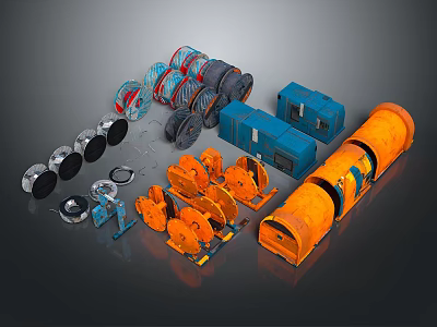 Industrial Machinery Equipment With Various Components Including Blue Boxes Orange Cylinders Wheels And Circular Parts 3d model