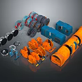 Industrial Machinery Equipment With Various Components Including Blue Boxes Orange Cylinders Wheels And Circular Parts