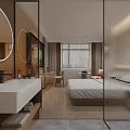 Modern Hotel Room Interior With Comfortable Bed TV Table And Wall Paintings