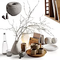 Minimalist Decorative Ornament Combination Including Dried Branches Vase Ceramic Jars And Wooden Plates