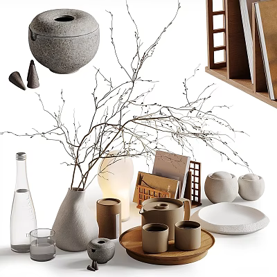 Minimalist Decorative Ornament Combination Including Dried Branches Vase Ceramic Jars And Wooden Plates 3d model