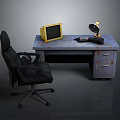 Black Wheeled Office Chair With Old Wooden Desk Yellow Monitor And Table Lamp