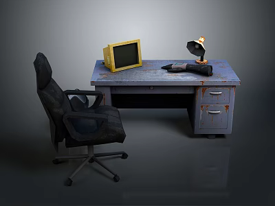 Black Wheeled Office Chair With Old Wooden Desk Yellow Monitor And Table Lamp 3d model
