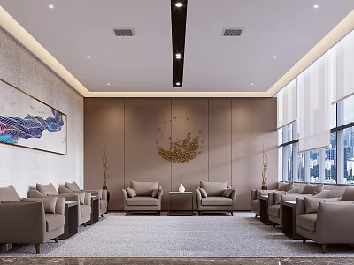 Elegant Modern Hotel Public Lounge Area With Grey Sofas Decorative Painting Large Windows And Carpet 3d model