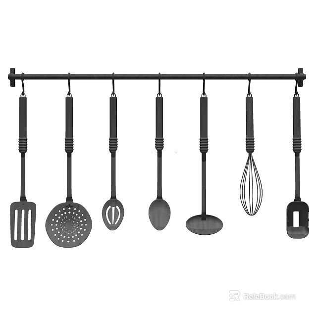 Black Hanging Kitchen Utensils Set With Various Cooking Tools On Rod 3d model