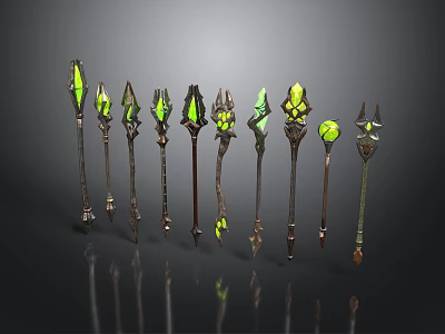 Fantasy Staves Collection With Green Glowing Elements And Decorative Designs 3d model
