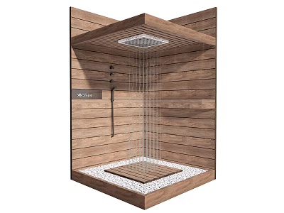 Shower Sauna Interior Design With Wooden Walls Overhead Shower Head And Pebble Stone Floor 3d model