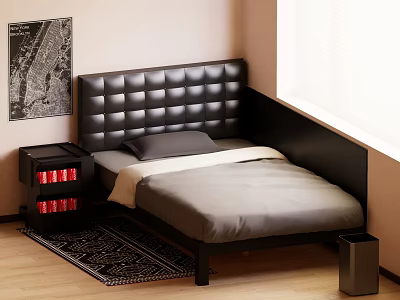 Black Leather Tufted Headboard Single Bed With Nightstand Wooden Floor And Area Rug 3d model