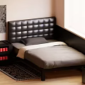 Black Leather Tufted Headboard Single Bed With Nightstand Wooden Floor And Area Rug