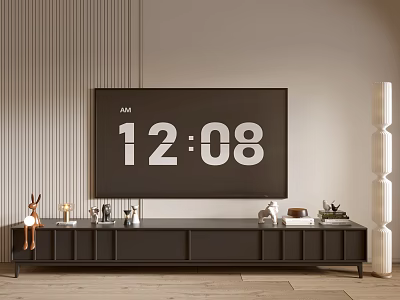 Modern Black TV Stand with Wall Mounted TV Decorative Items and Vertical Striped Wall 3d model