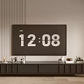 Modern Black TV Stand with Wall Mounted TV Decorative Items and Vertical Striped Wall