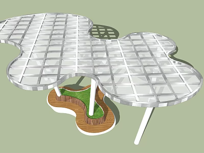 Flower Shaped Glass Roof Structure With Wooden Floor Green Grass And Supporting Columns 3d model