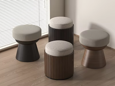 Modern Fabric Upholstered Sofa Stools with Various Wooden Bases in Living Room 3d model