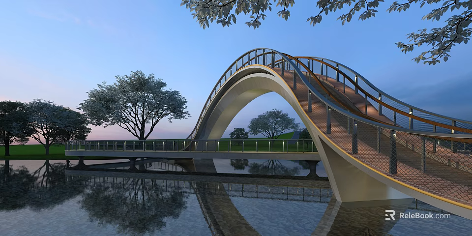 Modern Arched Landscape Bridge With Metal Railings Over Water And Tree Reflections 3d model 