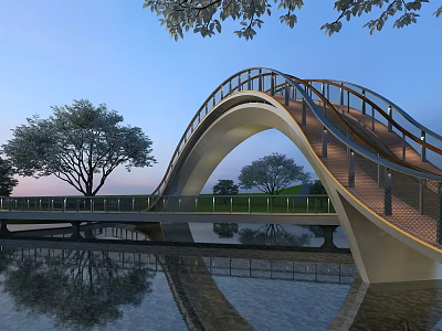 Modern Arched Landscape Bridge With Metal Railings Over Water And Tree Reflections 3d model