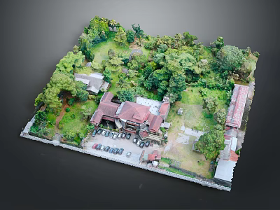 Detailed Cartoon Scene Model With House Trees Parking Lot And Green Grassland 3d model