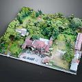 Detailed Cartoon Scene Model With House Trees Parking Lot And Green Grassland