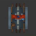 Red And Blue Robot Figure Standing On Platform With Road Design And Pipes