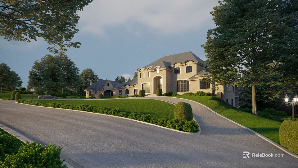 European Style Townhouse With Green Trees Well Trimmed Hedges Curved Driveway And Lawn Front Landscape 3d model 