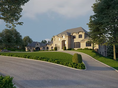 European Style Townhouse With Green Trees Well Trimmed Hedges Curved Driveway And Lawn Front Landscape 3d model