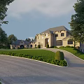 European Style Townhouse With Green Trees Well Trimmed Hedges Curved Driveway And Lawn Front Landscape