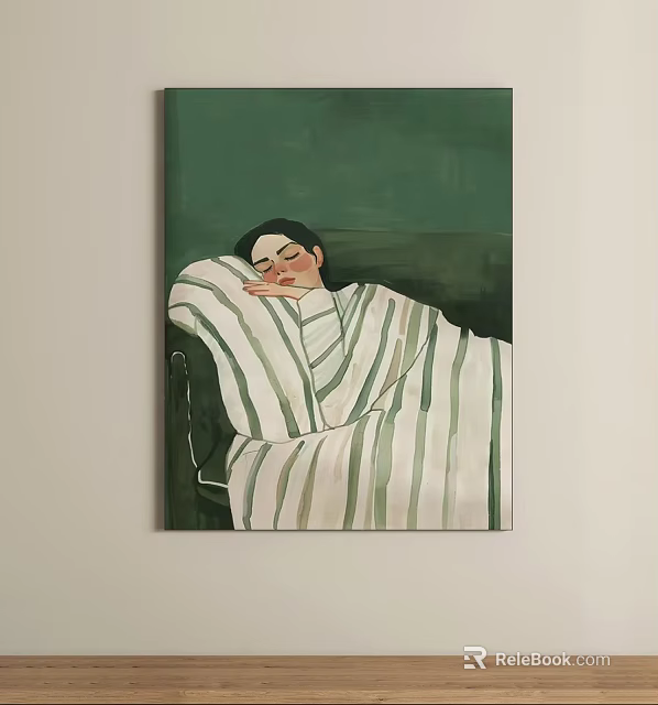 Oil Painting of Reclining Figure with Striped Blanket Chair and Green Background 3d model 