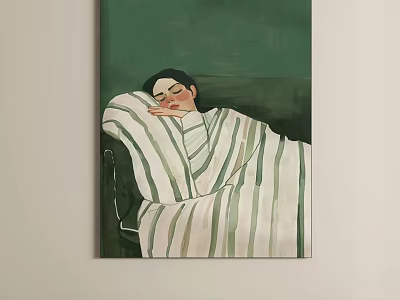 Oil Painting of Reclining Figure with Striped Blanket Chair and Green Background 3d model