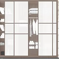 Modern Grid Door Wardrobe Interior Design With Hanging Clothes Folded Items Shoes And Lighting