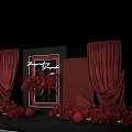 Elegant Red And Black Decorative Scene With Curtains Frame Floral Arrangements And Spheres