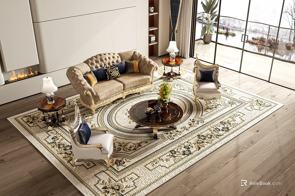 Elegant Sofa And Coffee Table Combination With Armchairs Area Rug And Table Lamps 3d model 