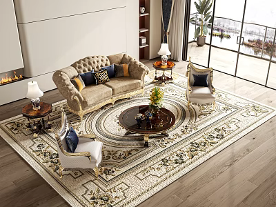Elegant Sofa And Coffee Table Combination With Armchairs Area Rug And Table Lamps 3d model