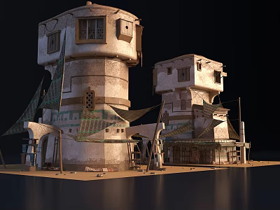 Two Traditional Vintage Towers With Light Colored Walls Fabric Canopies And Ground Structures 3d model