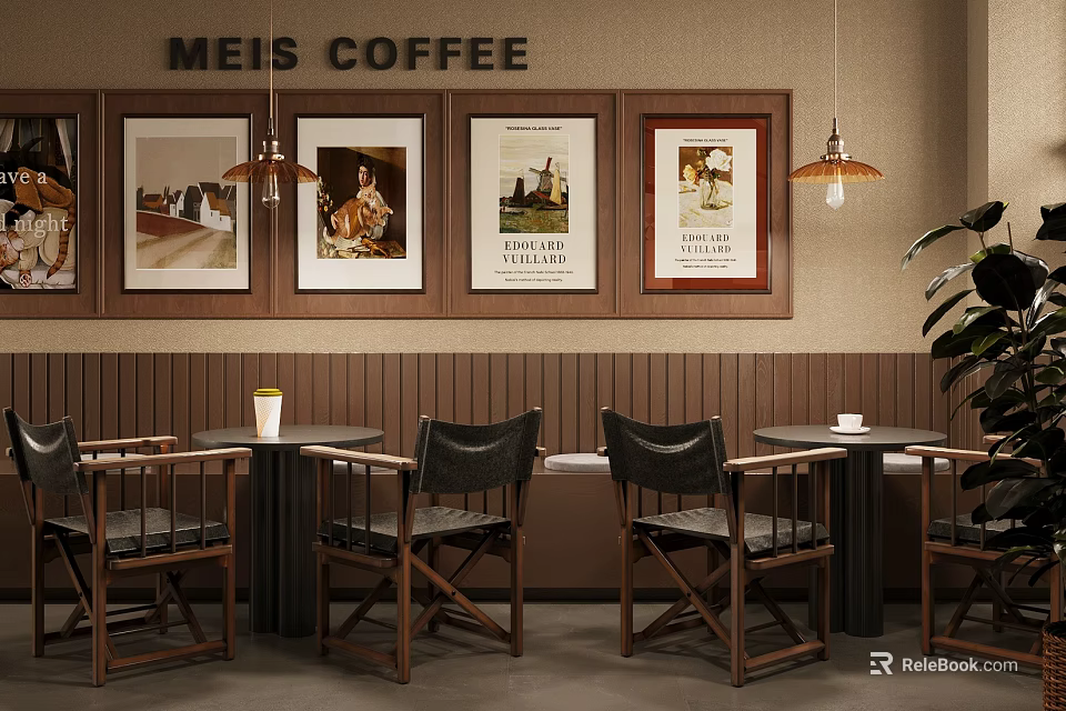 Meis Coffee Shop Interior With Framed Posters Hanging Pendant Lights Round Tables And Wooden Chairs 3d model 