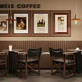 Meis Coffee Shop Interior With Framed Posters Hanging Pendant Lights Round Tables And Wooden Chairs