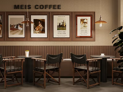 Meis Coffee Shop Interior With Framed Posters Hanging Pendant Lights Round Tables And Wooden Chairs 3d model