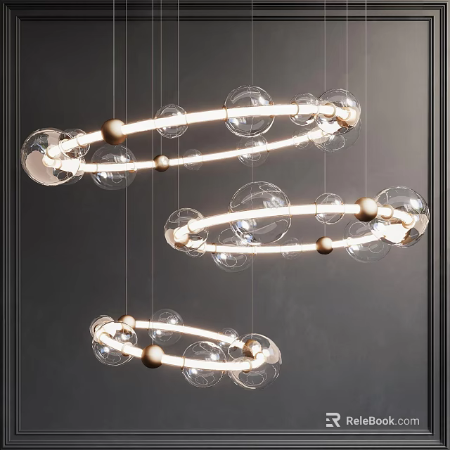 Modern Spiral Chandelier with Transparent Glass Balls Golden Accents Hanging Illuminated Design 3d model 