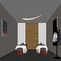 Modern SPA Sauna Interior With Wooden Wall Geometric Tiles Tables Stools And Circular Ceiling Light