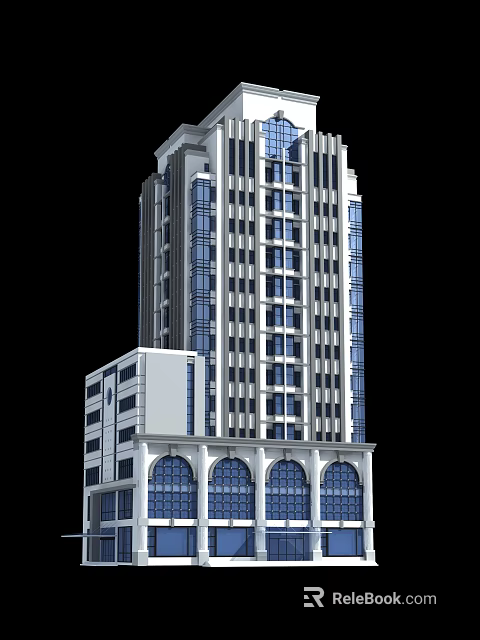 Modern Tall Hotel Building With Large Windows And Arched Base Design 3d model