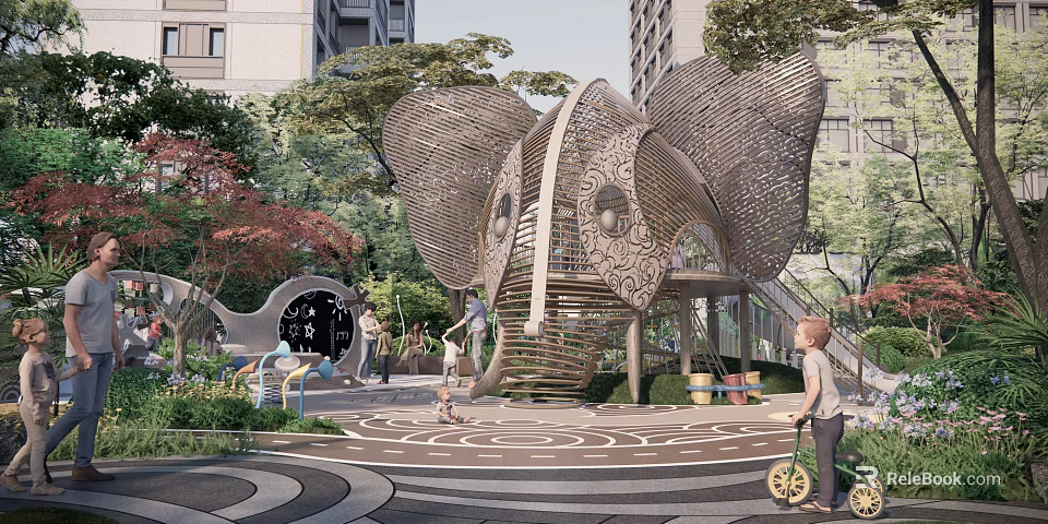 Fun Outdoor Children's Play Area With Butterfly Shaped Structure And Lush Greenery Design 3d model 