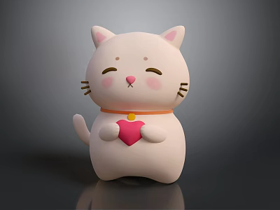 Cute White Cartoon Cat Doll With Pink Cheeks Orange Collar Holding Pink Heart 3d model