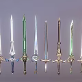 Assorted Decorative Swords With Colorful Blades Intricate Hilts And Unique Designs