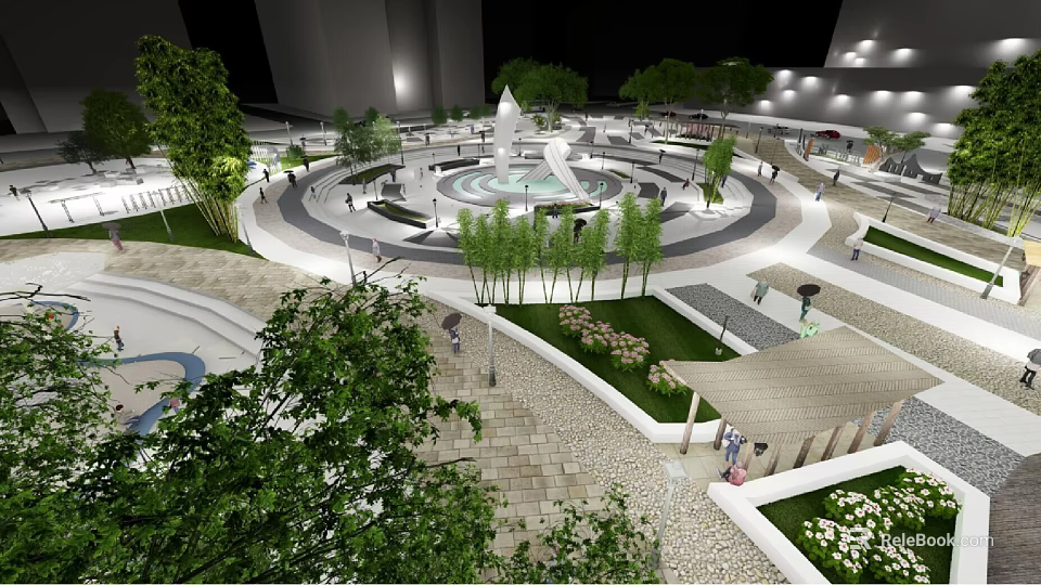 Evening Plaza Scene Featuring Circular Fountain Lush Trees Streetlights And Pedestrians 3d model 