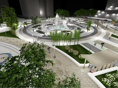 Evening Plaza Scene Featuring Circular Fountain Lush Trees Streetlights And Pedestrians 3d model