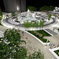 Evening Plaza Scene Featuring Circular Fountain Lush Trees Streetlights And Pedestrians