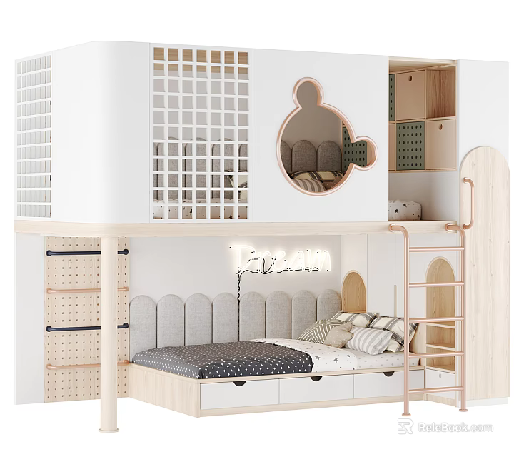 Modern Bunk Bed in Kids Room with Grid Railings Mickey Mirror and Storage Drawers 3d model 